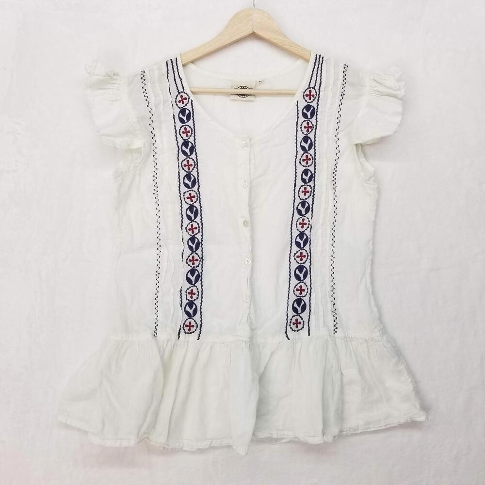 Rod's 100% Cotton Embroidered Ruffled Top Womens Medium Off White Sleeveless - Picture 8 of 8